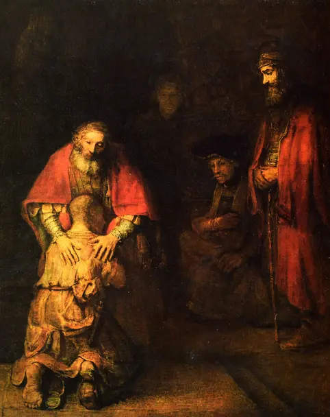 Rembrandt, Il ritorno del figlio prodigo: il padre accoglie il figlio inginocchiato, immagine della crisi della figura paterna