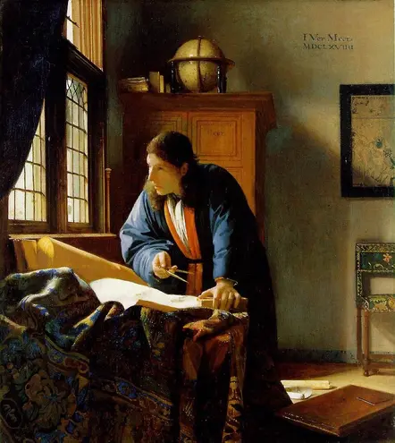 Gestione del tempo studio: Il geografo di Vermeer misura le mappe con il compasso, simbolo di pianificazione